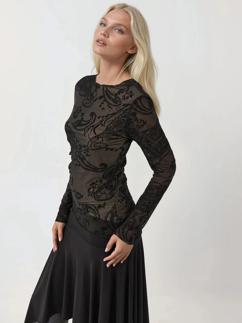 Hiccup Black Long Sleeve Asymmetric Tulle Blouse for Women | Best Price UAE