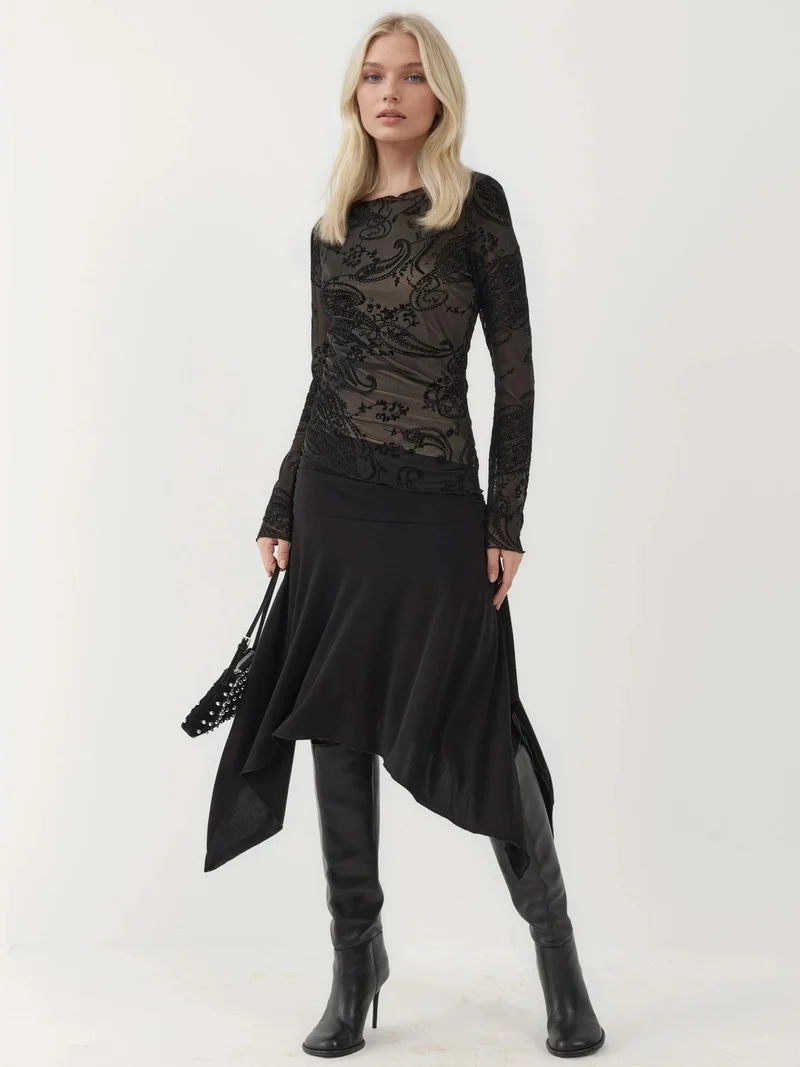 Hiccup Black Long Sleeve Asymmetric Tulle Blouse for Women | Best Price UAE