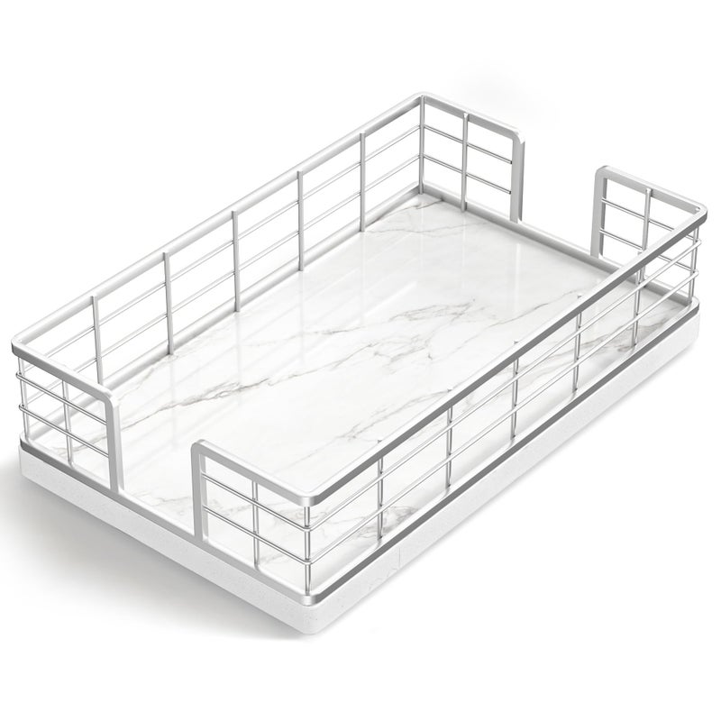 Wican Marble Guest Towel Holder Tray for Bathroom, Napkins Holder for Powder Room Dinning Table Wooden Basket for Disposable Paper Hand Towels Silvery and Marble White - Image 1