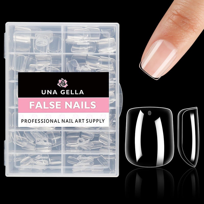 UNA GELLA نصائح أظافر مربعة قصيرة جدًا XS نصائح جل مربعة 216 قطعة أظافر مضغوطة تغطي بالكامل 12 حجم أظافر مزيفة شفافة تمديد للاستخدام المنزلي صالون أظافر نصائح جل ناعمة