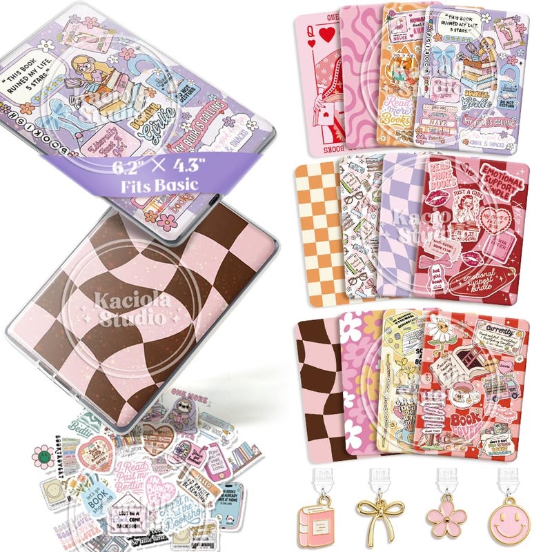Kaciola 12PCS Inserts Cardstock and 4PCS Charms for E-reader with 50PCS Stickers for Insert, 6.2"x4.3" Bookish Warm Theme Back Cover Accessories for E-Reader Basic, Gifts for Booklovers - Image 1