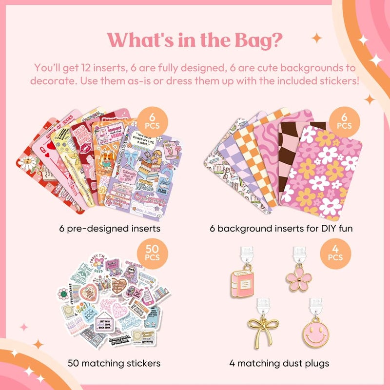 Kaciola 12PCS Inserts Cardstock and 4PCS Charms for E-reader with 50PCS Stickers for Insert, 6.2"x4.3" Bookish Warm Theme Back Cover Accessories for E-Reader Basic, Gifts for Booklovers - Image 3