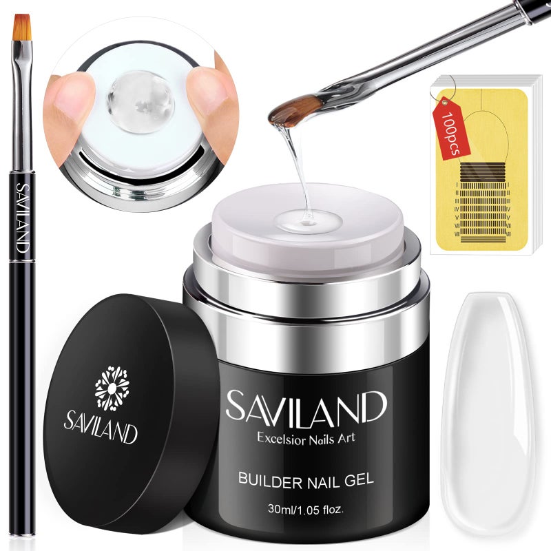 SAVILAND Builder Gel for Nails: 30ml Clear Hard Gel for Extension, Builder with Air Cushion Builder Base &Nail Strengthener Art Manicure Set 100pcs Nail Forms and Acrylic Brushr Thickening Home Use - Image 1