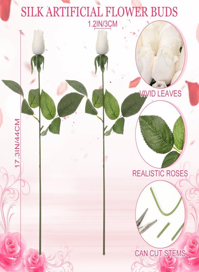 Maysing 15 Pcs White Rose Buds Silk Artificial Flower 17" Silk Bud Realistic Design Faux Rose Artificial Flower with Stem for DIY Bouquets Wedding Centerpiece Party Kitchen Home Decor - Image 2