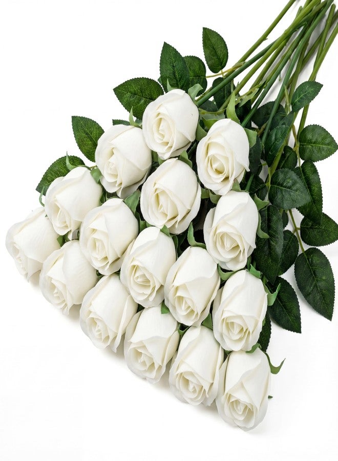 Maysing 15 Pcs White Rose Buds Silk Artificial Flower 17" Silk Bud Realistic Design Faux Rose Artificial Flower with Stem for DIY Bouquets Wedding Centerpiece Party Kitchen Home Decor - Image 1
