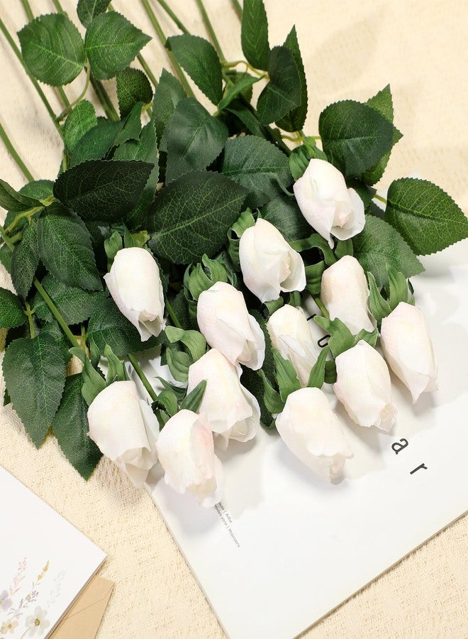 Maysing 15 Pcs White Rose Buds Silk Artificial Flower 17" Silk Bud Realistic Design Faux Rose Artificial Flower with Stem for DIY Bouquets Wedding Centerpiece Party Kitchen Home Decor - Image 3