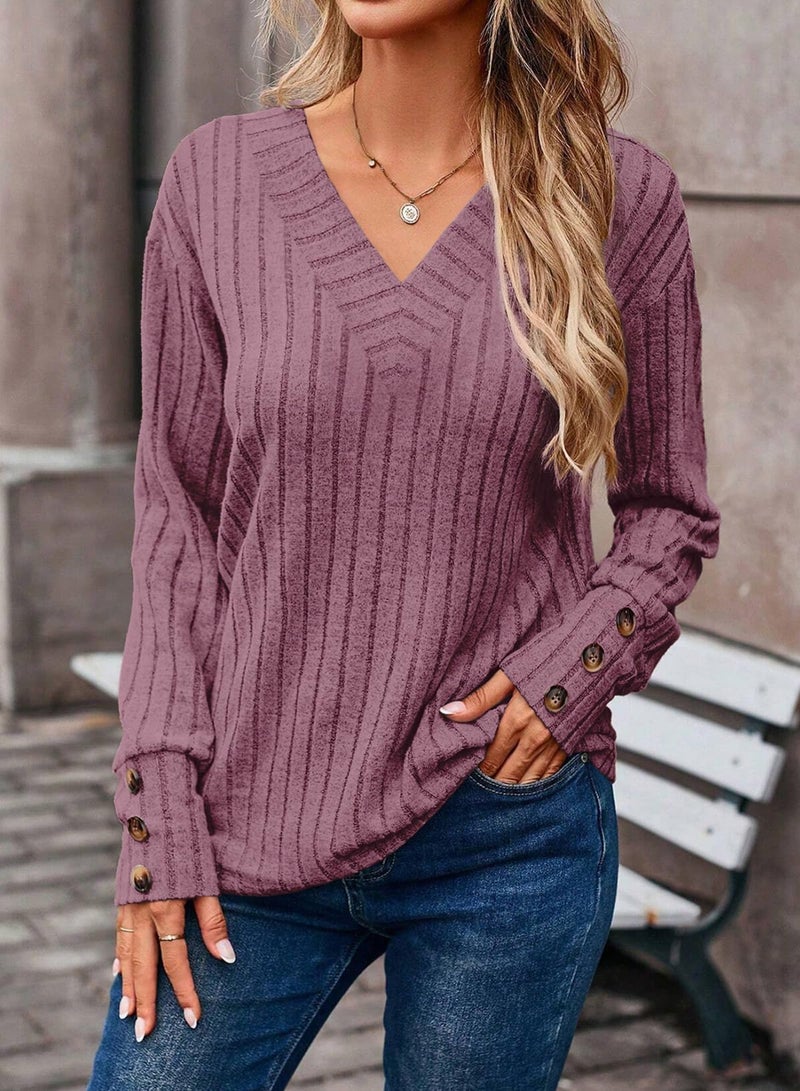 Dokotoo Womens Tops V Neck Long Sleeve Shirts for Women Button Detail Tunic Top Womens Blouses Dressy Soft Elastic Solid Casual Sweaters for Women 2025 Trendy Early Fall Fashion Valerian L - Image 2