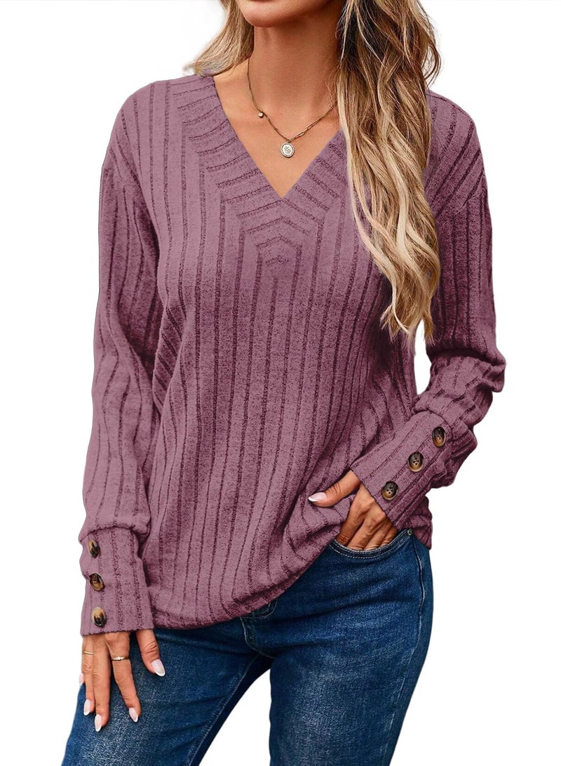 Dokotoo Womens Tops V Neck Long Sleeve Shirts for Women Button Detail Tunic Top Womens Blouses Dressy Soft Elastic Solid Casual Sweaters for Women 2025 Trendy Early Fall Fashion Valerian L - Image 1