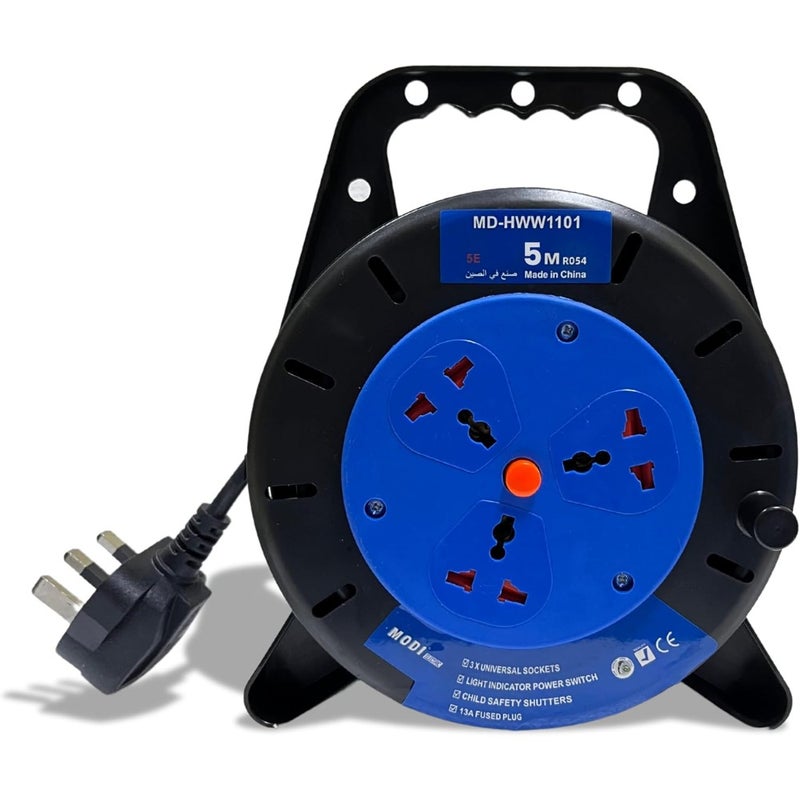 MODI Retractable 3-Way Extension Cord Reel With Power Button 2000 Watts For Home and Office 1.5m Cable Length Heavy-Duty PVC Jacket Black - Image 1