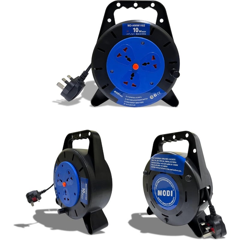 MODI Retractable 3-Way Extension Cord Reel With Power Button 2000 Watts For Home and Office 1.5m Cable Length Heavy-Duty PVC Jacket Black - Image 3