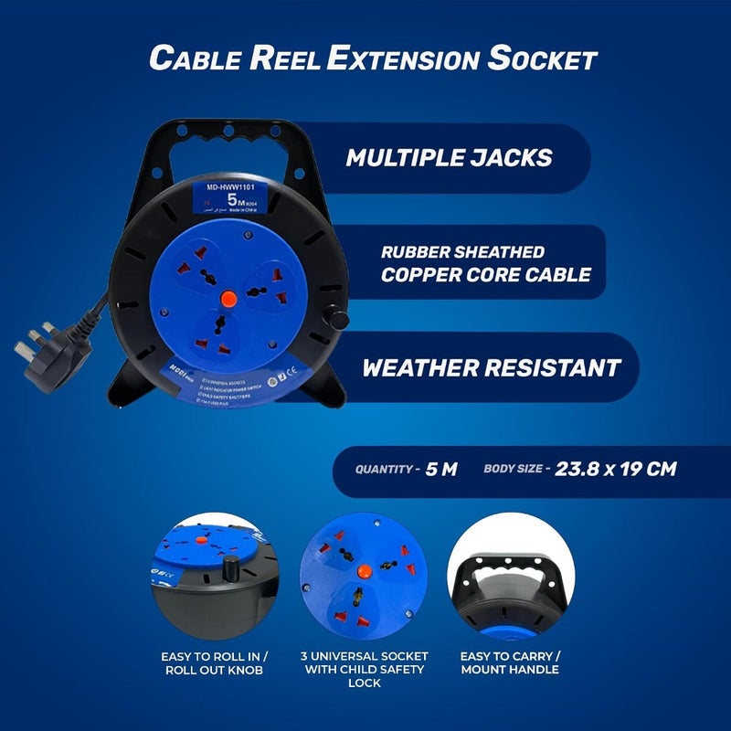 MODI Retractable 3-Way Extension Cord Reel With Power Button 2000 Watts For Home and Office 1.5m Cable Length Heavy-Duty PVC Jacket Black - Image 2