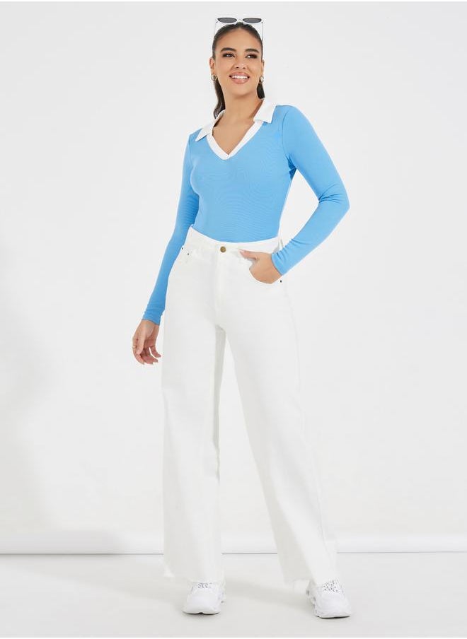 Styli Rib Knit Bodysuit with Contrast Collar  - Image 2