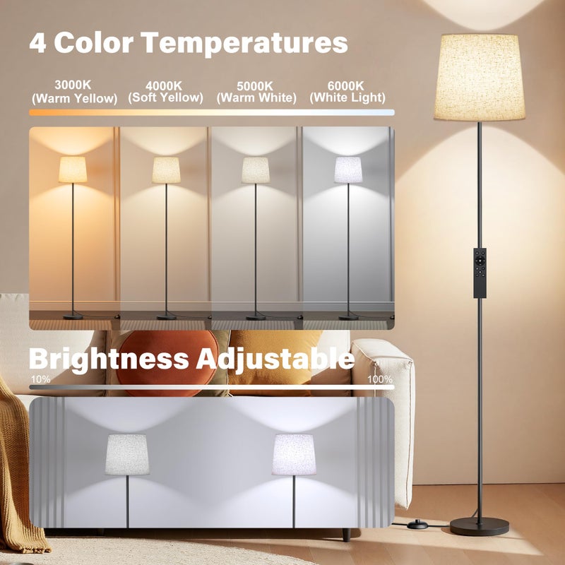 SIBRILLE Floor Lamp with Linen Shade - 62" Dimmable LED Standing Lamp with Remote Control, 9W E26 Bulb Included, 3000-6000K, Modern Floor Reading Light for Bedroom Living Room Office Corner, Black - Image 2