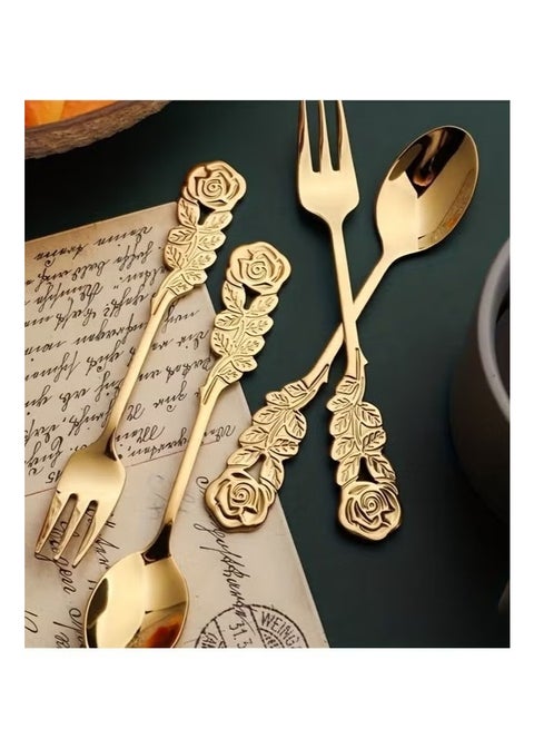 4Pcs Rose Handle Spoon Fork Set 4.72inch (304) Stainless Steel Flatware for Coffee Tea Dessert Ice Cream Appetizer Fruit(Gold)