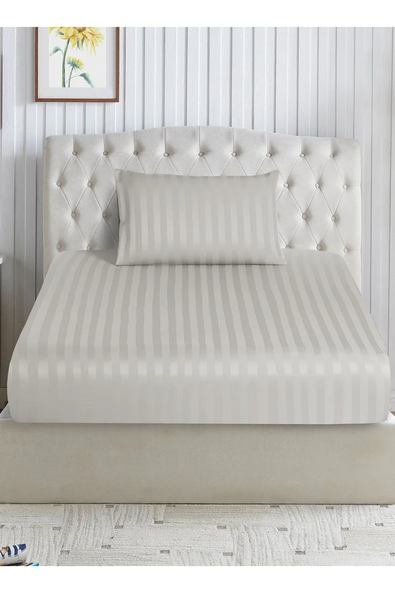 Donetella 2-Piece Striped Bedding Set – Single Fitted Sheet 120x200+30 cm with All-Around Elastic &amp; 1 Matching Pillowcases