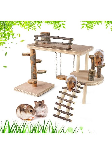 VolksRose Wooden Hamster Playground Platform, Hamster Climbing Toy, Natural Living Climb System, Small Animals Activity Set with Ladder Food Bowl Ramp Bridge for Mouse Gerbil Rat Chinchilla