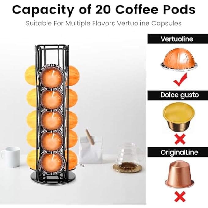 rayihni Rotating Coffee Capsule Holder For Nespresso Vertuoline 20 Pods Coffee Bar Vertuo Pod Organizer Rack 360 Rotating Capsule Holds Storage 20 Pods Holder Spinner For Nespresso Vertuo Line Capsules - Image 2