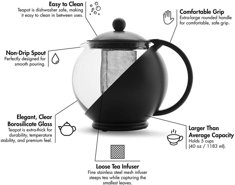 LXOICE Half Moon Teapot with Infuser, Tea Kettle, Tea Pot Kettle, Glass Tea Pot with Infuser, Tea Infuser (Black - 1.25L), 1250 Milliliter - Image 2