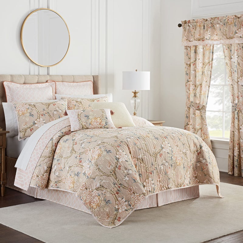 Waverly Waverly Peony Gardens 4 Piece Cotton Quilt Set Embellished All Season Bedding Includes One Quilt One Bed Skirt and Two Pillow Shams Machine Washable King Bed Set Taupe 