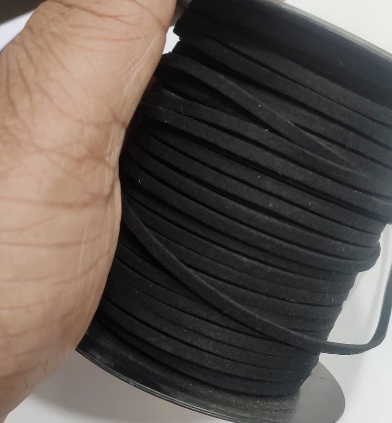 OMX Leather Cord - 100 MTR Suede Leather Strap Beading Cord, Flat Leather Lace Spool, Black, 3MM x 1.4 MM Wide - Image 1
