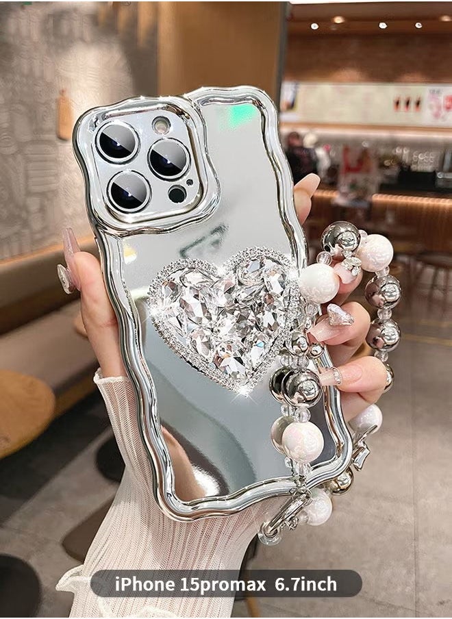 Generic Compatible with iPhone 15 Pro Max case,Mirror Wave Senior Silver Cute Phone Cover with 3D Love Heart Stand,Lens Protection Protector Shockproof Phone Shell for iPhone 15 Pro Max 6.7 Inch  - Image 1
