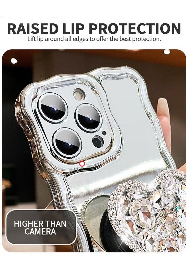 Generic Compatible with iPhone 15 Pro Max case,Mirror Wave Senior Silver Cute Phone Cover with 3D Love Heart Stand,Lens Protection Protector Shockproof Phone Shell for iPhone 15 Pro Max 6.7 Inch  - Image 2