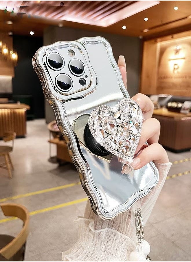 Generic Compatible with iPhone 15 Pro Max case,Mirror Wave Senior Silver Cute Phone Cover with 3D Love Heart Stand,Lens Protection Protector Shockproof Phone Shell for iPhone 15 Pro Max 6.7 Inch  - Image 3