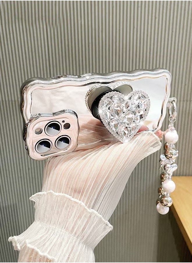 Generic Compatible with iPhone 15 Pro Max case,Mirror Wave Senior Silver Cute Phone Cover with 3D Love Heart Stand,Lens Protection Protector Shockproof Phone Shell for iPhone 15 Pro Max 6.7 Inch  - Image 4