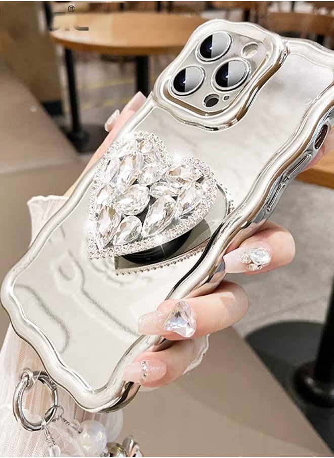 Generic Compatible with iPhone 15 Pro Max case,Mirror Wave Senior Silver Cute Phone Cover with 3D Love Heart Stand,Lens Protection Protector Shockproof Phone Shell for iPhone 15 Pro Max 6.7 Inch  - Image 5