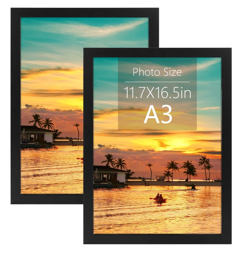 إطار فريماتوري A3 مع زجاج بلاستيكي 117x165 إطار صورة أسود إطار جدار معرض  حوامل تثبيت عمودية وأفقية 2 حزمة