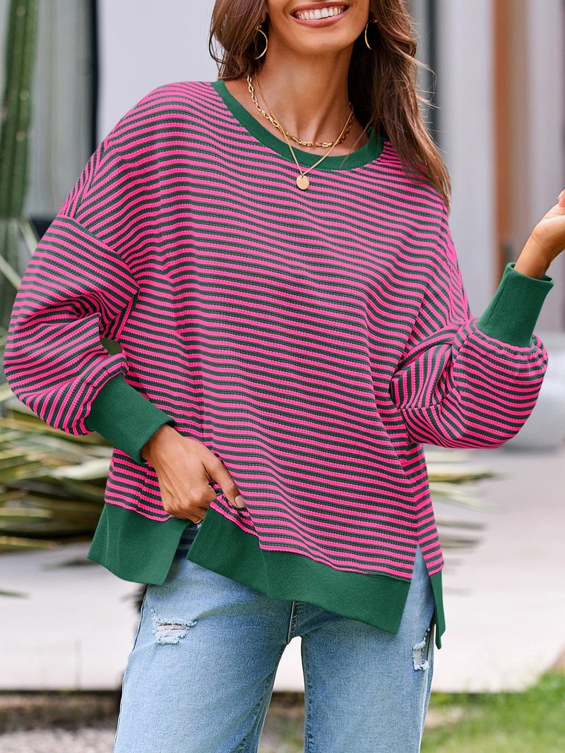 Fisoew Women's Fall Oversized Sweatshirt Casual Waffle Knit Long Sleeve Crewneck Split Pullover Tunic Tops Rose Red - Image 5