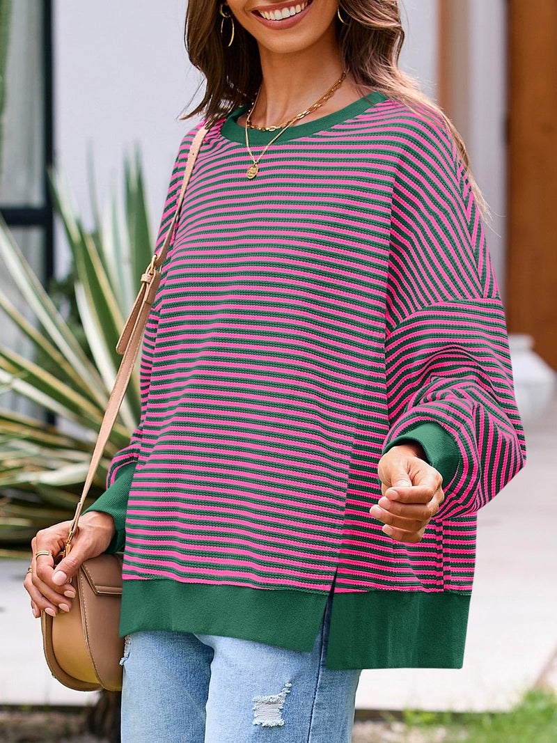Fisoew Women's Fall Oversized Sweatshirt Casual Waffle Knit Long Sleeve Crewneck Split Pullover Tunic Tops Rose Red - Image 3