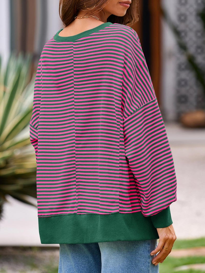 Fisoew Women's Fall Oversized Sweatshirt Casual Waffle Knit Long Sleeve Crewneck Split Pullover Tunic Tops Rose Red - Image 4