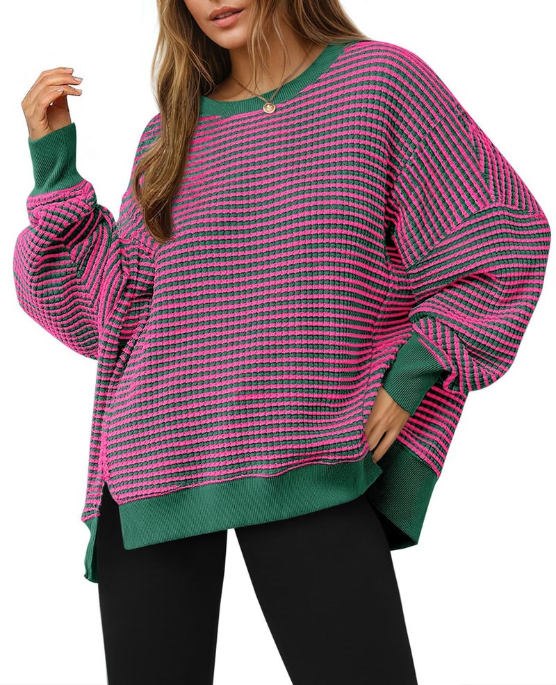 Fisoew Women's Fall Oversized Sweatshirt Casual Waffle Knit Long Sleeve Crewneck Split Pullover Tunic Tops Rose Red - Image 1