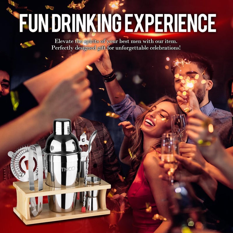 تانكو مجموعة أدوات البارمان لتحضير الكوكتيلات (Mixology Bartender Kit): تتكون من 8 قطع، تشمل أدوات البار بالإضافة إلى حامل خشبي، وتحتوي على جميع الأدوات الضرورية مثل: خلاط الكوكتيلات، جيجر (Jigger)، مصفاة، ملعقة خلط، إلخ (لون فضي). - Image 5
