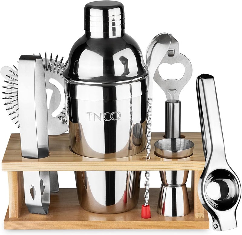 تانكو مجموعة أدوات البارمان لتحضير الكوكتيلات (Mixology Bartender Kit): تتكون من 8 قطع، تشمل أدوات البار بالإضافة إلى حامل خشبي، وتحتوي على جميع الأدوات الضرورية مثل: خلاط الكوكتيلات، جيجر (Jigger)، مصفاة، ملعقة خلط، إلخ (لون فضي). - Image 1