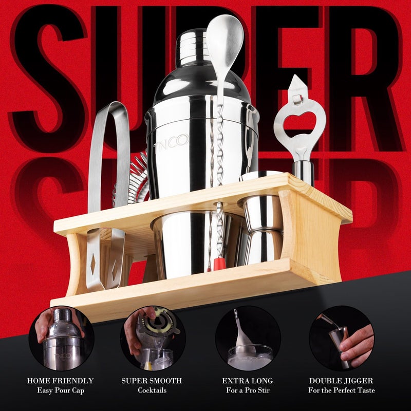 تانكو مجموعة أدوات البارمان لتحضير الكوكتيلات (Mixology Bartender Kit): تتكون من 8 قطع، تشمل أدوات البار بالإضافة إلى حامل خشبي، وتحتوي على جميع الأدوات الضرورية مثل: خلاط الكوكتيلات، جيجر (Jigger)، مصفاة، ملعقة خلط، إلخ (لون فضي). - Image 2