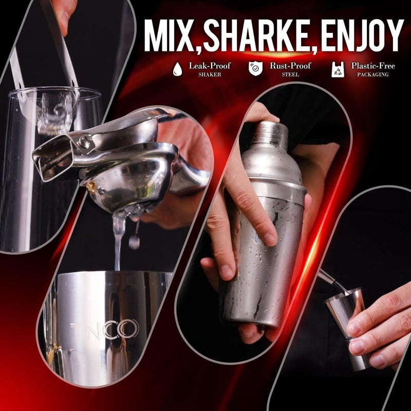 تانكو مجموعة أدوات البارمان لتحضير الكوكتيلات (Mixology Bartender Kit): تتكون من 8 قطع، تشمل أدوات البار بالإضافة إلى حامل خشبي، وتحتوي على جميع الأدوات الضرورية مثل: خلاط الكوكتيلات، جيجر (Jigger)، مصفاة، ملعقة خلط، إلخ (لون فضي). - Image 3
