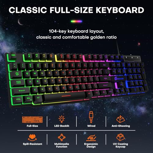 GEODMAER 104 Keys Gaming Keyboard, Full Size LED Backlit Wired Keyboard with Multimedia Keys, Anti-Ghosting, Spill-Resistant Membrane Gaming Keyboard for PC Laptop - Image 2