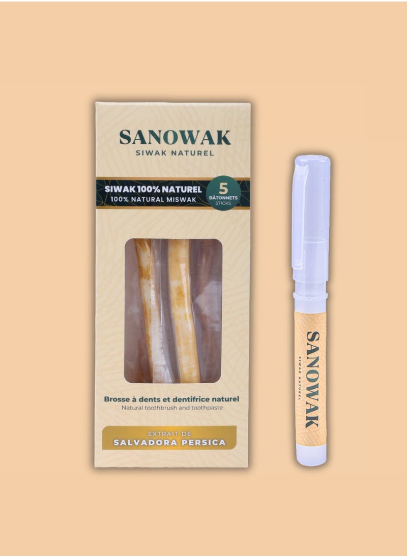 Sanowak Miswak Stick / 100% Natural Siwak Sticks – 5 Organic Wooden Toothbrushes with Plastic Holder | Teeth Whitening & Oral Care | 100% Chewable & Antibacterial | Eco-Friendly & Vacuum Sealed  - Image 1