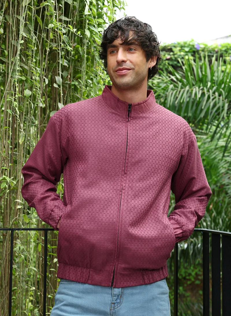 Campus Sutra Men Gridveil-Jacquard Bomber Jacket | Band Collar, Long Stretch-Cuff Sleeves | Zipper , Stretch-Straight Hem | Solid Jacquard | Woven Fabric For Casual & Daily Wear | Wine Red
