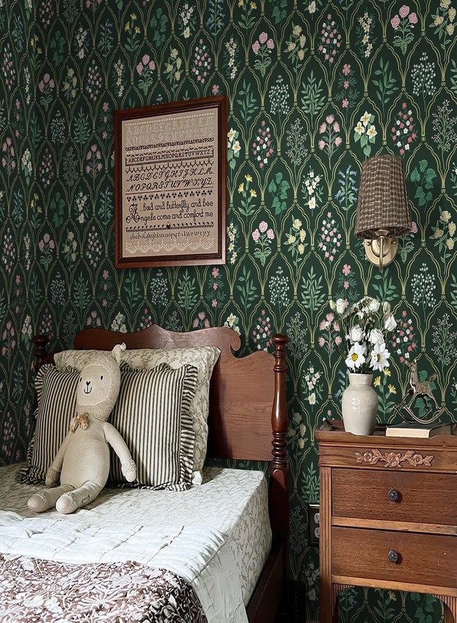 Dimoon 17.3''x78.7'' Peel and Stick Wallpaper Floral Contact Paper Vintage Wallpaper Green Pink Renter Friendly Waterproof Upgrade Embossed Self Adhesive Kitchen Bedroom Cabinet - Image 4