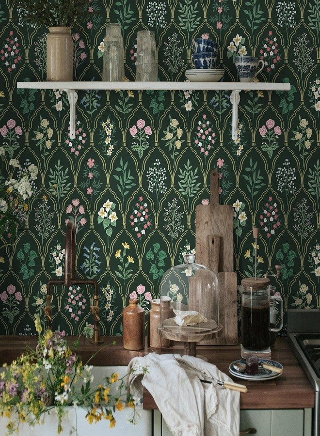 Dimoon 17.3''x78.7'' Peel and Stick Wallpaper Floral Contact Paper Vintage Wallpaper Green Pink Renter Friendly Waterproof Upgrade Embossed Self Adhesive Kitchen Bedroom Cabinet - Image 5