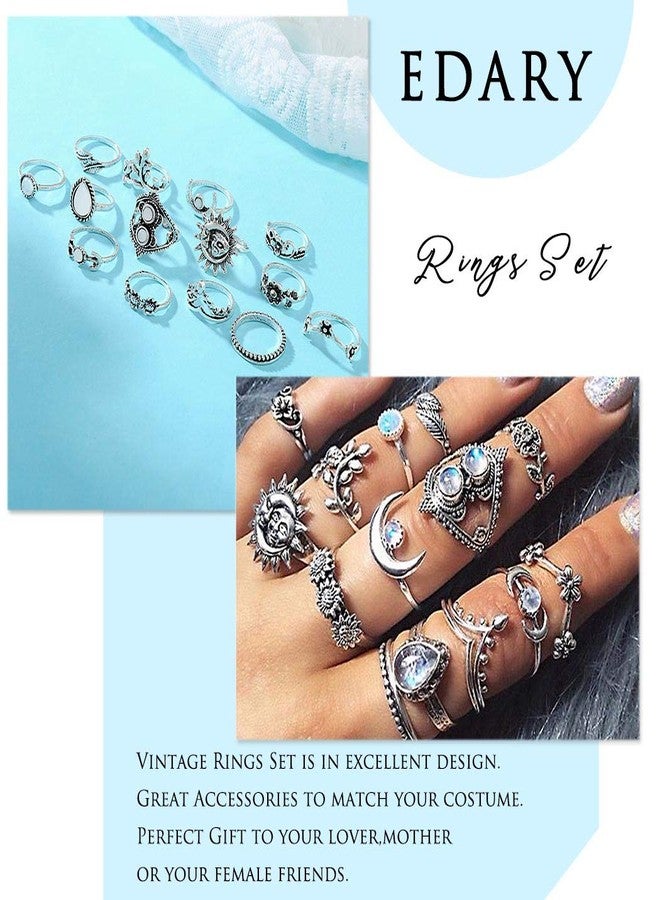 Edary Boho Sun Knuckle Rings Set Floral Carved Stackable Rings Crystal Rings Set Silver Moon Rings for Women(14PCS) - Image 4