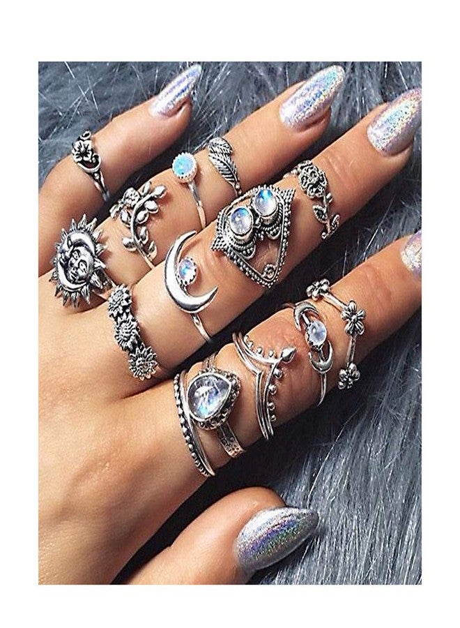 Edary Boho Sun Knuckle Rings Set Floral Carved Stackable Rings Crystal Rings Set Silver Moon Rings for Women(14PCS) - Image 1