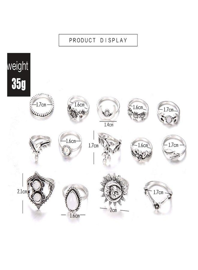 Edary Boho Sun Knuckle Rings Set Floral Carved Stackable Rings Crystal Rings Set Silver Moon Rings for Women(14PCS) - Image 3