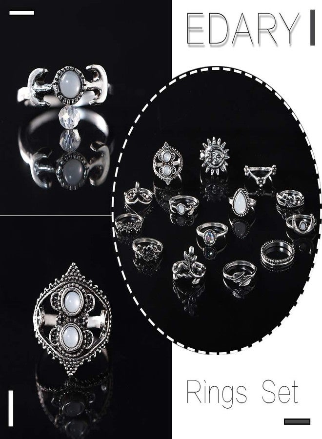 Edary Boho Sun Knuckle Rings Set Floral Carved Stackable Rings Crystal Rings Set Silver Moon Rings for Women(14PCS) - Image 5