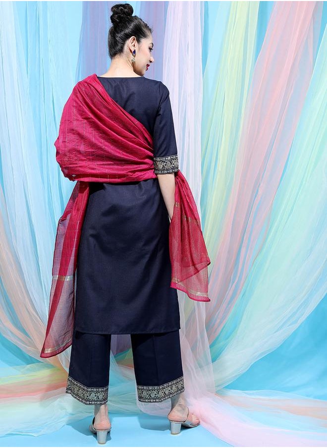 Vishudh Navy Blue Embroidered Kurta Set with Palazzos and Dupatta by Styli  - Image 3