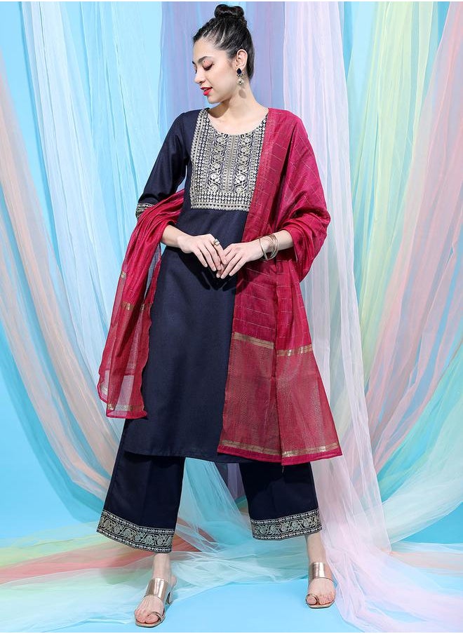 Vishudh Navy Blue Embroidered Kurta Set with Palazzos and Dupatta by Styli  - Image 1