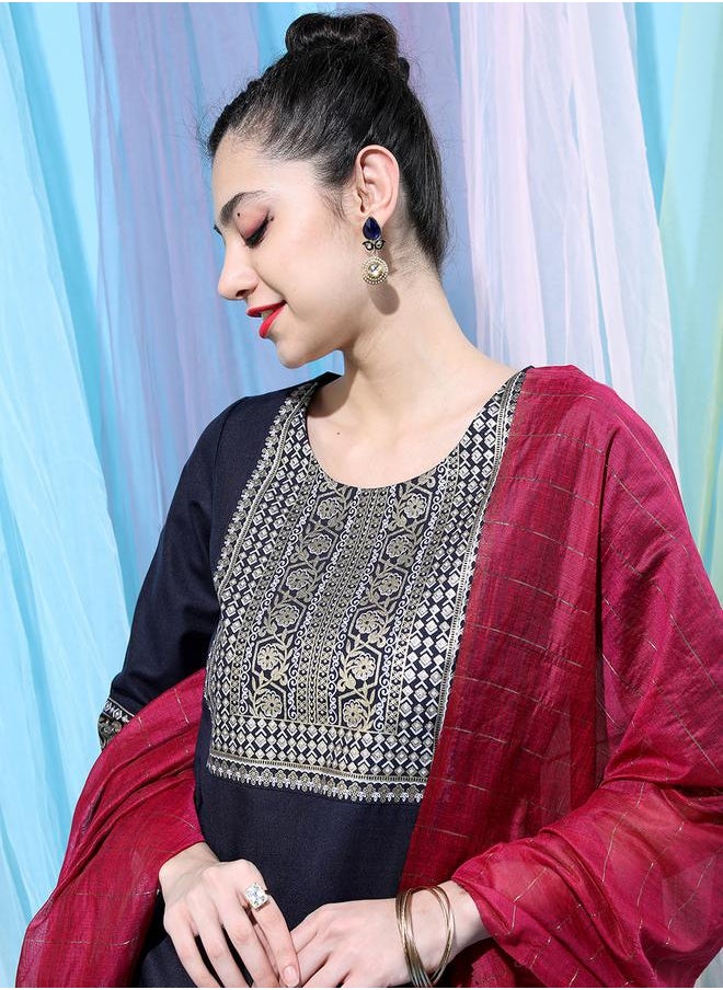 Vishudh Navy Blue Embroidered Kurta Set with Palazzos and Dupatta by Styli  - Image 2